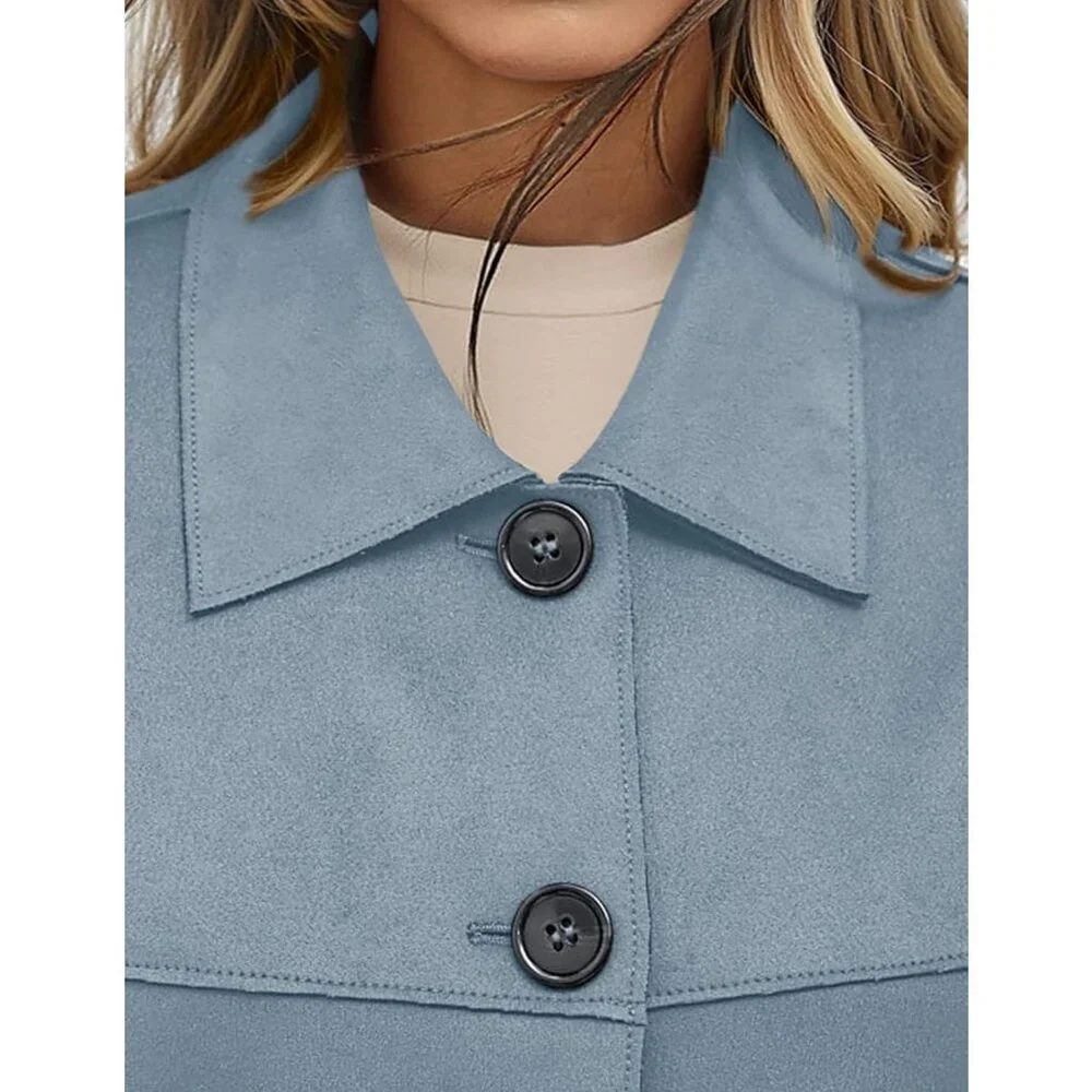 Women's Light Blue Faux Suede Cropped Jacket Casual Lightweight Fall Fashion - Picture 5 of 5